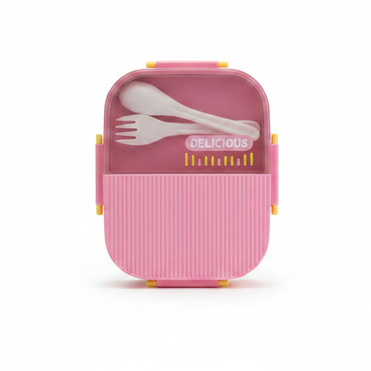 pink plastic bento-style lunch box "DELICIOUS"