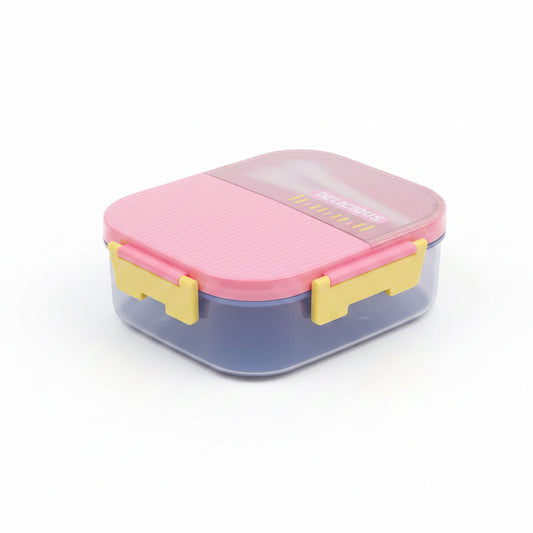 pink plastic bento-style lunch box  "DELICIOUS"