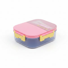pink plastic bento-style lunch box  "DELICIOUS"