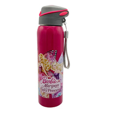 Barbie Mariposa & the Fairy Princess themed water bottle is a pink, stainless steel thermal bottle featuring a pop-up lid and a carry strap.